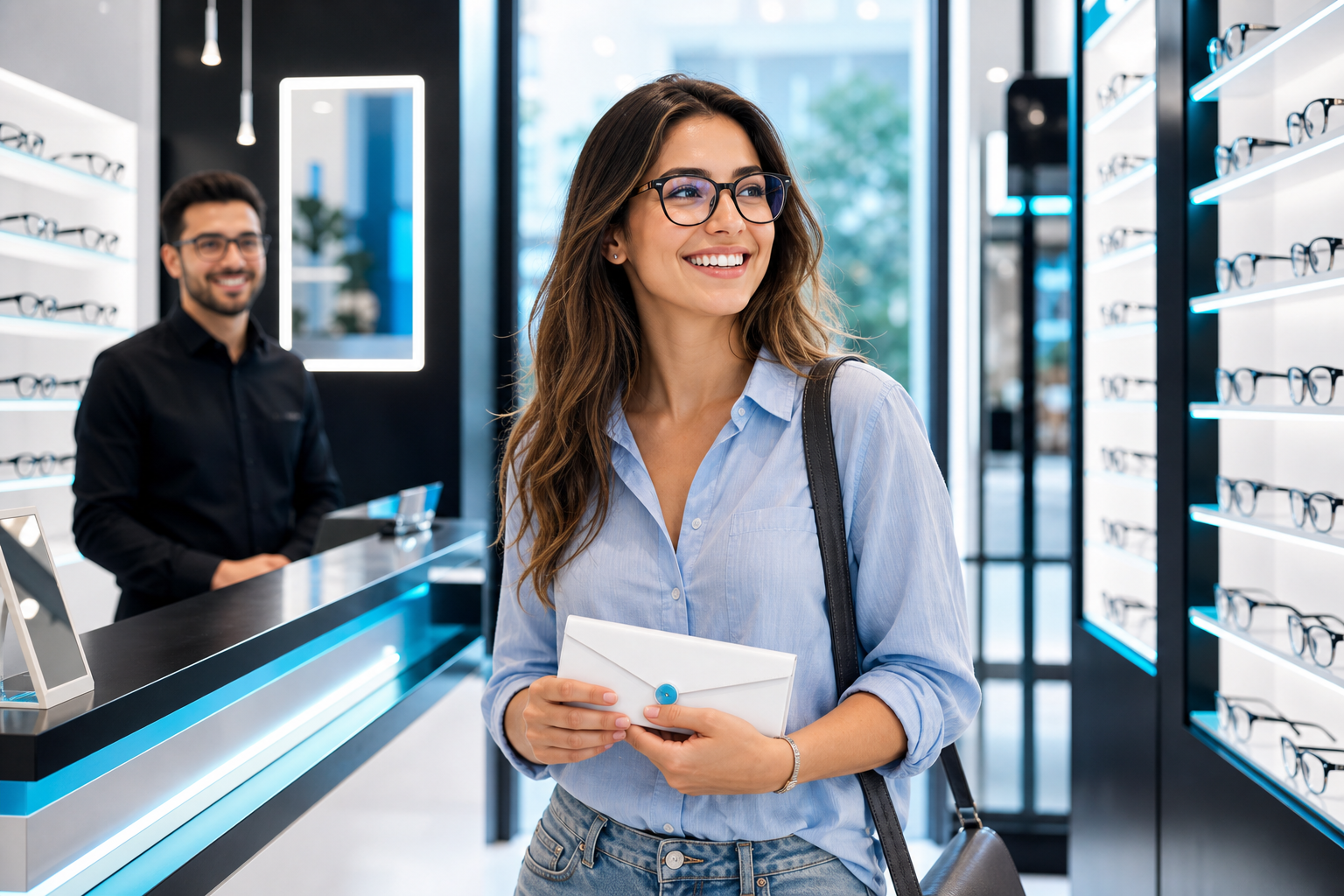 Cliente satisfecha saliendo de una optica con sus gafas nuevas