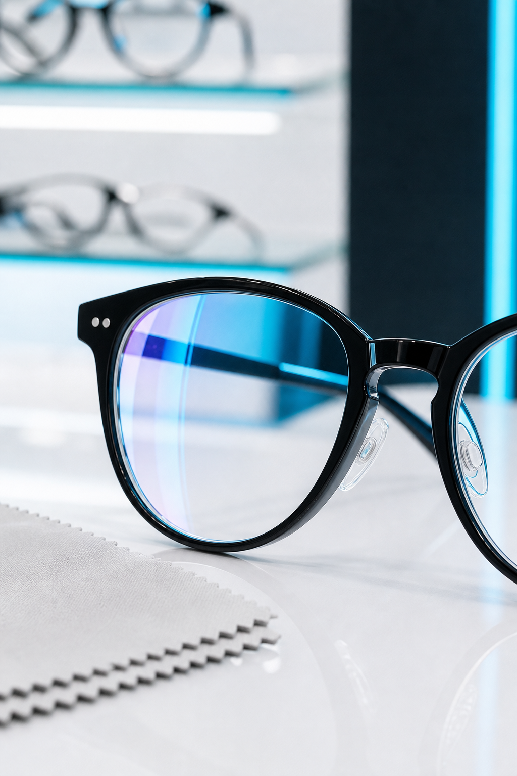 Lente con tratamiento antirreflejo y filtro azul en una optica