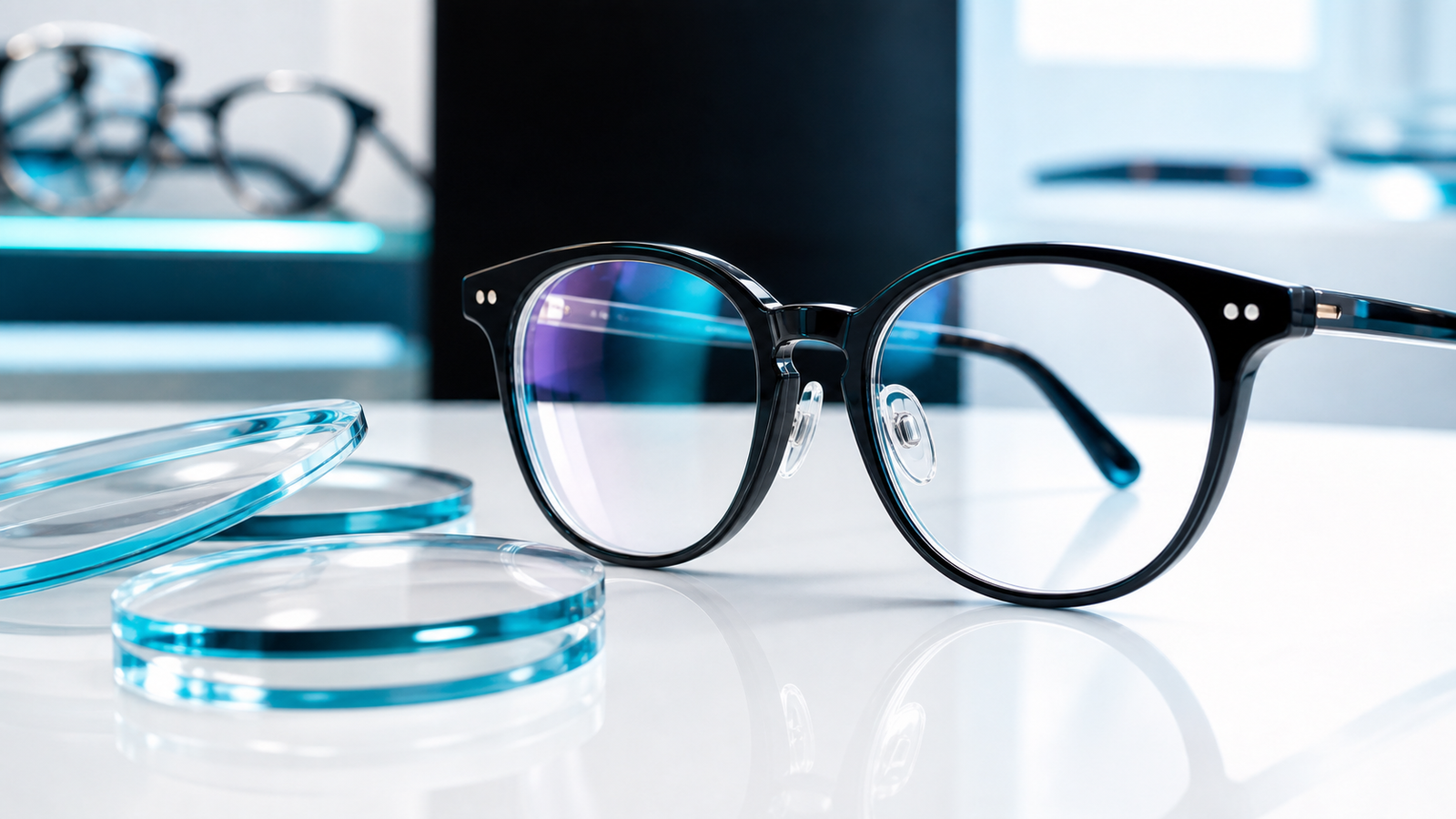 Lentes formulados y monturas sobre un mostrador limpio